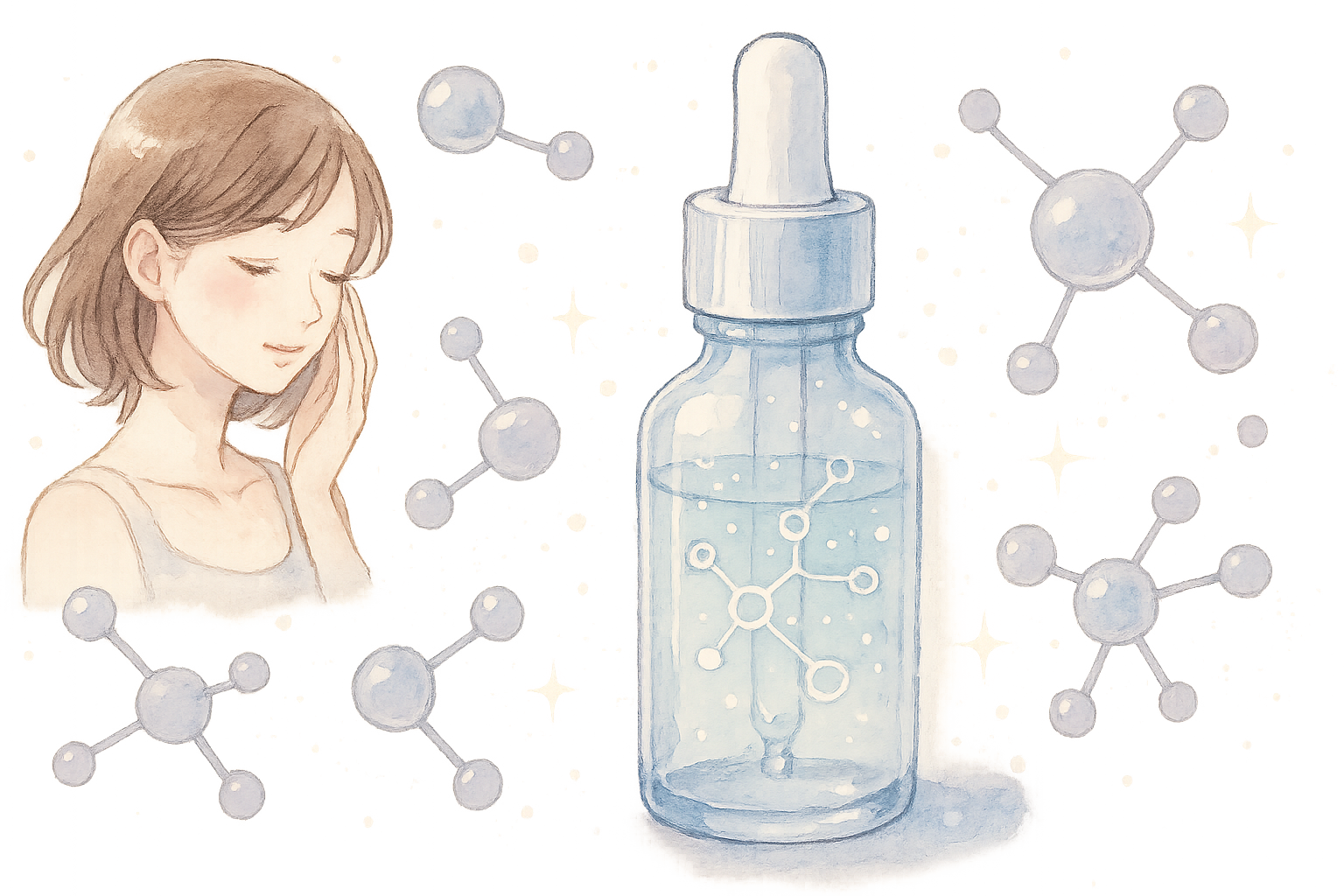 幹細胞美容液を使う日本人女性のスキンケアシーン。清潔感のある横長構図